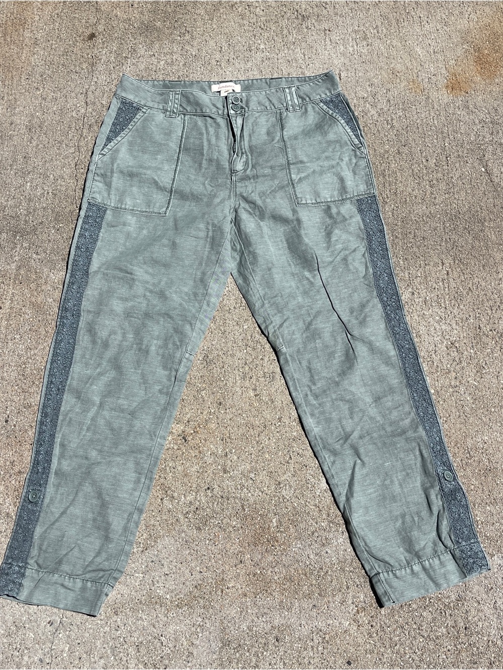 Sundance Organia Linen Pants Women's Size 14 Lace Detail Olive Green Boho